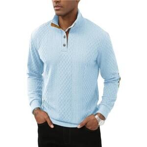 Mens Casual Knitted Pullover Sweater Long Sleeve Stand Collar Sweater Light Blue